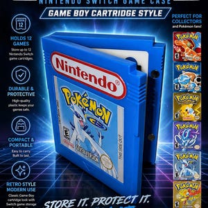 May include: Blue Nintendo Switch game case in a Game Boy cartridge style, featuring "Pokémon Silver" branding. The case holds 12 games and has a retro design. The case is durable, portable, and made for Nintendo Switch.