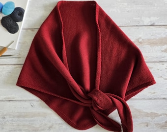 Burgundy Cotton Knitted Triangular Scarf, Handmade Headscarf, Shawl