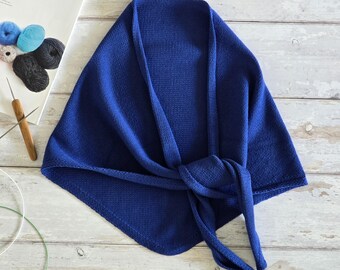 Handmade Royal Blue Cotton Knitted Scarf, Triangular Shawl