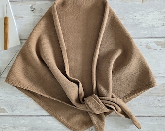 Mocha Beige Knitted Cotton Triangular Scarf, Handmade Headscarf