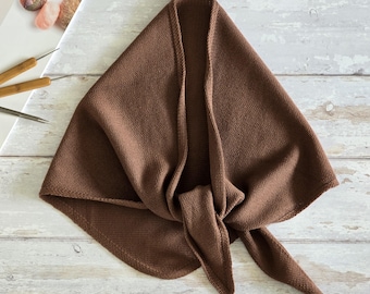 Handmade Brown Cotton Knit Scarf, Triangular Shawl, Headscarf