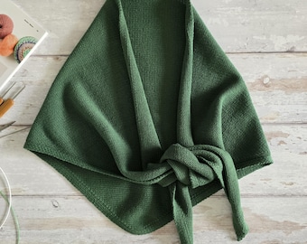 Green Cotton Knitted Triangular Scarf, Handmade Headscarf, Shawl