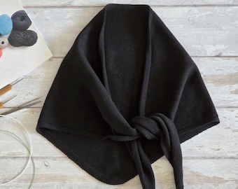 Black Cotton Knitted Triangular Scarf, Handmade Headscarf