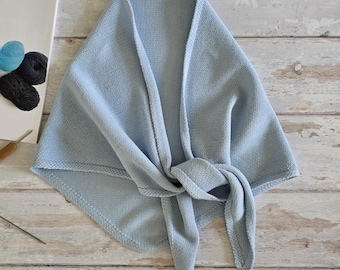 Light Blue Cotton Knitted Triangular Scarf, Handmade Headscarf