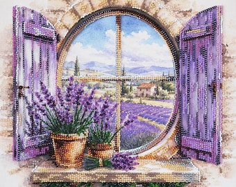 May include: A diamond painting kit featuring an arched window with open purple shutters, overlooking a lavender field and a stone house. Two terracotta pots filled with lavender sprigs sit on the windowsill, with green vines hanging below.