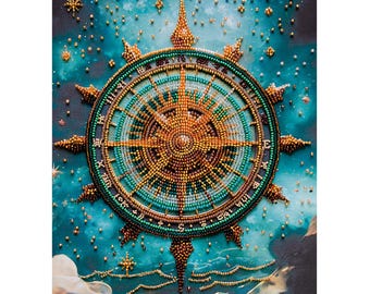 Könnte beinhalten: Ein Diamant-Malerei-Kunstwerk mit einer zentralen goldenen Kompassrose, verziert mit komplexen Perlen in Bronze-, Gold- und Türkistönen. Der Kompass ist vor einem tiefblauen Nebelhintergrund mit funkelnden Sternen und wellenförmigen Linien platziert.