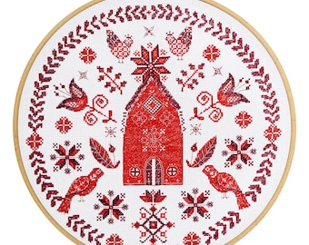 Folk Art Cross Stitch Kit, Red Scandinavian House Embroidery Pattern, Nordic Bird Hoop Art, Traditional Christmas Decor DIY