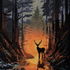 Cross Stitch Kits - Deer in the Forest, Embroidery Forest Animals, Mountain Landscape, DIY Craft Kit