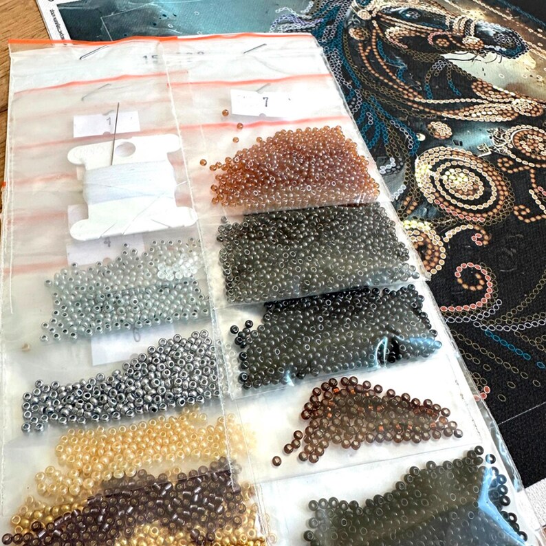 Puede incluir: Un conjunto de suministros de artesan&iacute;a para el trabajo con cuentas, que incluye cuentas de semillas de varios colores en peque&ntilde;as bolsas de pl&aacute;stico. Tambi&eacute;n se ven un carrete de hilo blanco y una aguja. Las cuentas var&iacute;an en color de dorado a negro y marr&oacute;n.