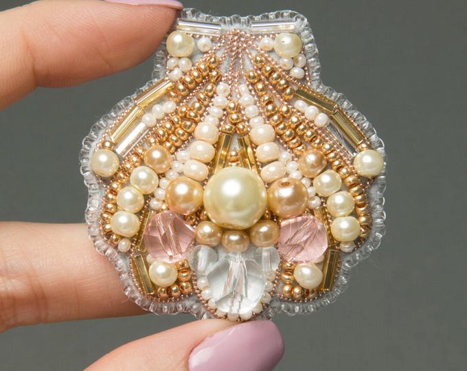 Beaded Brooch Shell - DIY Craft Kit, Brooch Making Kit, Beginner Beading, needlework, Sea embroidery