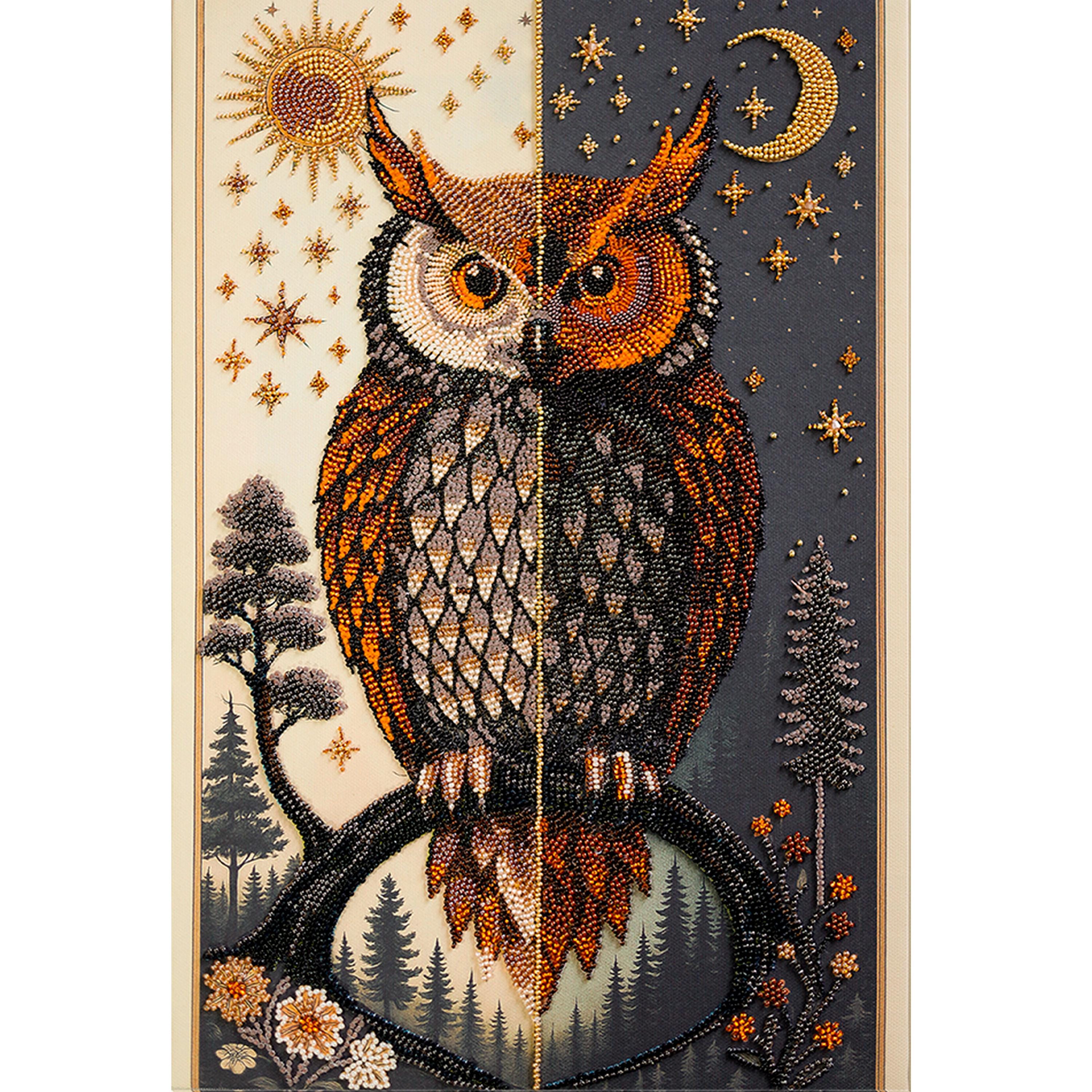 Owl Bead Embroidery Kit, Day and Night Art, Beading Craft Kit, DIY Beadwork Wall Decor, Handmade Gif
