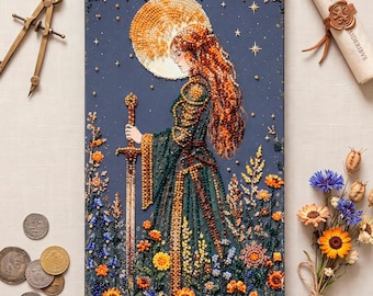 May include: A rectangular diamond painting on canvas featuring a person with long red hair in a dark green gown holding a sword, set against a dark blue background with a large moon and stars, surrounded by colorful beaded floral accents.