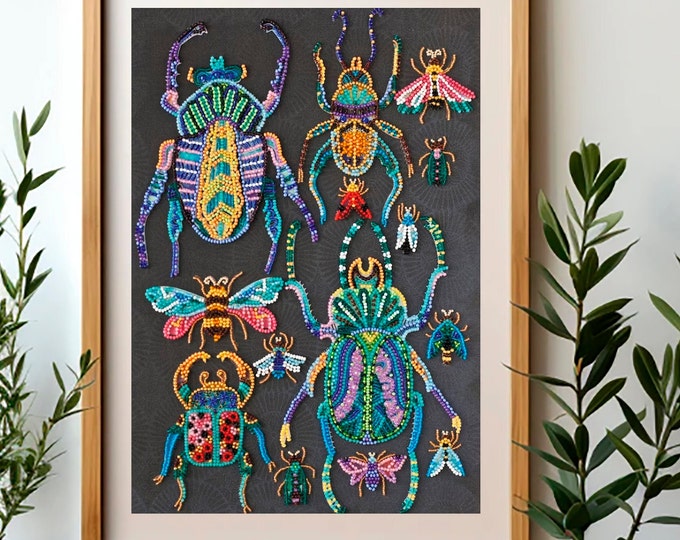 Bead Embroidery Kit - Scarab, Beadwork Beetles, DIY Craft Kit, Insect