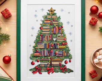 Kit de punto de cruz «Árbol de Navidad del lector»: bordado DIY, manualidades navideñas, bordado navideño