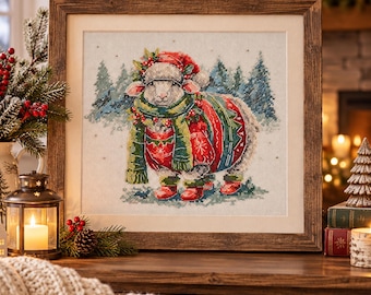 May include: A framed cross-stitch embroidery featuring a sheep wearing a red and green patterned sweater, a matching scarf, a red hat, and red boots. The sheep is surrounded by a winter forest scene with blue pine trees and falling snow.