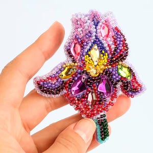 May include: A colorful beaded flower brooch with a purple, pink, red, yellow, and green color scheme. The brooch is made of small beads and rhinestones.