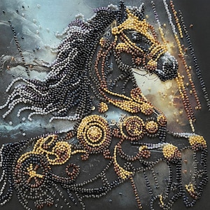 Puede incluir: Una detallada obra de arte con cuentas de la cabeza y la parte superior del cuerpo de un caballo. El caballo est&aacute; adornado con intrincados abalorios en tonos de negro, dorado y marr&oacute;n. El fondo presenta un lienzo oscuro y texturizado con toques de azul y blanco.