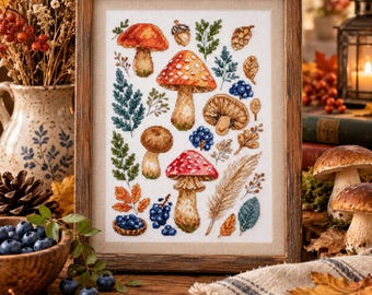 May include: A framed cross-stitch embroidery featuring a collection of various mushrooms, including red-capped varieties, alongside acorns, berries, and foliage. The artwork is displayed in a rustic wooden frame on a white fabric background.