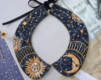 Beadwork - Moon and Sun, Collar Making Kit, Galaxy, Detachable Collar, DIY Collar Modern, Star Art, Sky Embroidery Kit