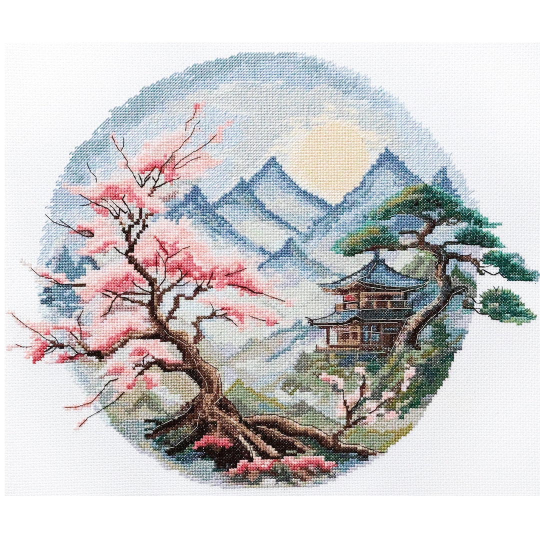 Japanese Landscape Cross Stitch Kit, Sakura Embroidery Kit, Cherry ...