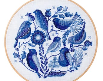 Geteld borduurpakket - Blue Bird, handborduurwerk, wintervogel, doe-het-zelfpakket, vogelhuis
