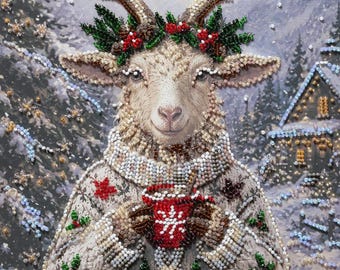 May include: A beaded artwork depicting a goat wearing a cream-colored cable knit sweater with holly and tree patterns. The goat has a wreath of green leaves and red berries on its head and holds a red mug with a white snowflake design.