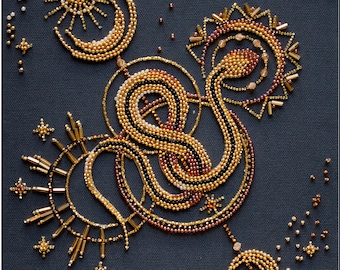 Bead Embroidery Kit - Chinese Zodiac, Gold Snake, Needlepoint Canvas, DIY Craft Kit