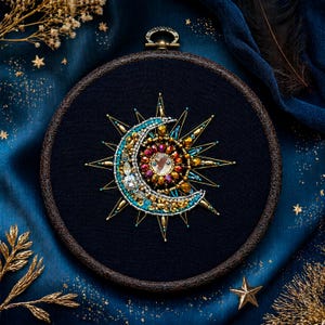 May include: An embroidered celestial design in a wooden hoop. The artwork features a crescent moon with turquoise beads, crystals, and gold details, and a sun with gold rays and a central gem cluster. The background is dark blue.