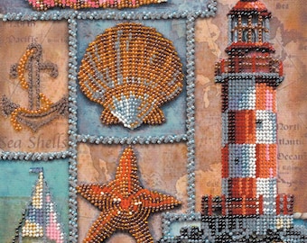 Sea Treasures Perlenstickerei Kit - Leuchtturm & Muschel Bead Embroidery auf natürlicher Künstler Leinwand