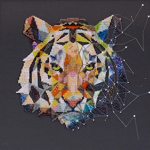 May include: A colorful geometric tiger face made of beads, with a galaxy-like design on the right side.