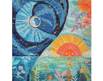 Cross Stitch Kit - Spring Equinox, Moon And Sun Embroidery, Yin Yang Needlepoint Kit