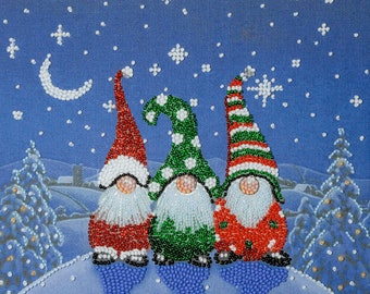 Bordado de Natal com miçangas, Gnomos de Natal com miçangas, Decoração DIY para casa, Arte Abris