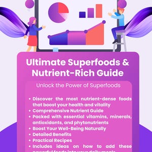 May include: A pink and purple illustration of two people looking at a computer screen with a graph and pie chart. The text on the screen reads "Ultimate Superfoods & Nutrient-Rich Guide" and "Unlock the Power of Superfoods". Below the screen is a list of bullet points describing the benefits of superfoods.