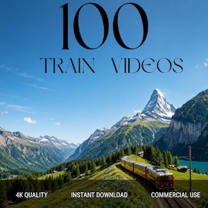 May include: A digital graphic featuring the text 100 TRAIN VIDEOS at the top, with 4K QUALITY, INSTANT DOWNLOAD, and COMMERCIAL USE at the bottom. The background shows a red train travelling through a green mountain valley with a snow-capped peak.