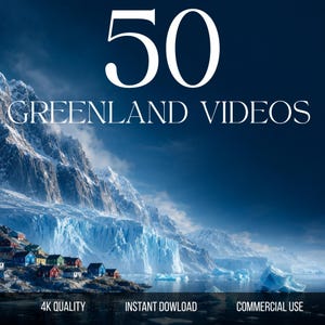 Puede incluir: Una colección digital titulada 50 GREENLAND VIDEOS que muestra un paisaje de montañas nevadas, un glaciar y pequeñas casas coloridas junto al agua. El texto 4K QUALITY, INSTANT DOWLOAD y COMMERCIAL USE aparece en la parte inferior.