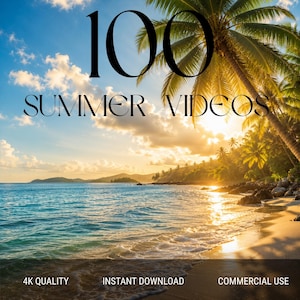 Puede incluir: Un gráfico digital que muestra una playa tropical al atardecer con palmeras y olas del mar. El texto dice 100 SUMMER VIDEOS en la parte superior, y 4K QUALITY, INSTANT DOWNLOAD y COMMERCIAL USE en la parte inferior en fuente sans-serif blanca.