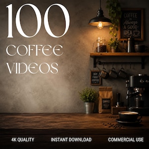 May include: A digital graphic featuring the text 100 COFFEE VIDEOS, 4K QUALITY, INSTANT DOWNLOAD, and COMMERCIAL USE. The scene shows a coffee station with a machine, mugs, a bag of coffee, and a plant on a wooden counter under a pendant light.