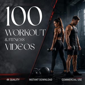 May include: A digital graphic featuring the text 100 WORKOUT & FITNESS VIDEOS, 4K QUALITY, INSTANT DOWNLOAD, and COMMERCIAL USE. The image displays two individuals in black athletic wear holding dumbbells, with a kettlebell and medicine ball.