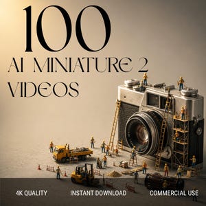 Może przedstawiać: Aparat w stylu vintage otoczony miniaturowymi robotnikami budowlanymi, żółtą wywrotką i wózkiem widłowym. Tekst głosi 100 AI MINIATURE 2 VIDEOS, 4K QUALITY, INSTANT DOWNLOAD oraz COMMERCIAL USE. Scena przedstawia plac budowy.