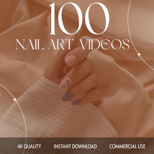 May include: Image featuring a hand with manicured nails in various shades of pink and purple. The nails are decorated with minimalist art. The text "100 NAIL ART VIDEOS" is displayed in a stylish font. Additional text includes "4K QUALITY", "INSTANT DOWNLOAD", and "COMMERCIAL USE".