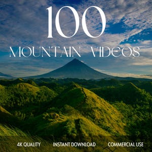 Könnte beinhalten: Landschaftsbild mit einer Bergkette unter einem bewölkten Himmel. Der Text "100 MOUNTAIN VIDEOS" ist weiß dargestellt. Zusätzlicher Text am unteren Rand lautet "4K QUALITY", "INSTANT DOWNLOAD" und "COMMERCIAL USE".