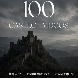 Puede incluir: Imagen oscura de un castillo medieval en la cima de una montaña, bajo un cielo nublado. El texto "100 CASTLE VIDEOS" está en la parte superior. Debajo del castillo están las palabras "4K QUALITY", "INSTANT DOWNLOAD" y "COMMERCIAL USE".