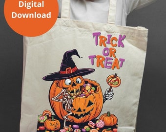 May include: Beige tote bag with a Halloween-themed graphic. The design features a skeleton inside an orange pumpkin wearing a witch hat, holding a lollipop, and surrounded by candy. The words "Trick or Treat" are printed above the pumpkin.