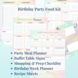 Könnte beinhalten: Eine Sammlung druckbarer Partyplanungsbögen, darunter eine Rezeptliste, eine Einkaufscheckliste und ein Essensplaner. Die Bögen haben ein Pastellfarbschema mit Einhorn- und Regenbogenakzenten. Der Text "Birthday Party Food Kit" ist prominent dargestellt.