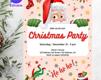 Puede incluir: Una tarjeta de invitación para una fiesta de Navidad sobre un fondo rosa claro con un Santa Claus de dibujos animados con guantes verdes, un elfo, un calcetín rojo y bastones de caramelo. El texto dice Join us at our Christmas Party, Saturday - December 21 - 5 pm, Oliver's House, 123 Address 123 Street, 123 Address, CA, RSVP to Adam 123123123 y Ho ho ho!.