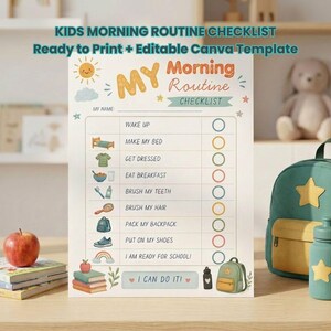 Kids Morning Routine Checklist Printable, Visual Schedule for Kids, Editable Canva Template, Ready to Print School Routine Chart