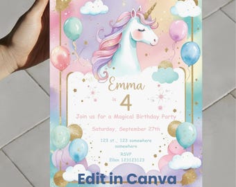 May include: A rectangular birthday party invitation card featuring a white unicorn with a pink and purple mane, surrounded by pastel balloons, clouds, and gold glitter accents. The text reads: Emma is 4, Join us for a Magical Birthday Party, Saturday, September 27th, 123 st., 123 somewhere somewhere, RSVP Ellen 123123123, Edit in Canva.