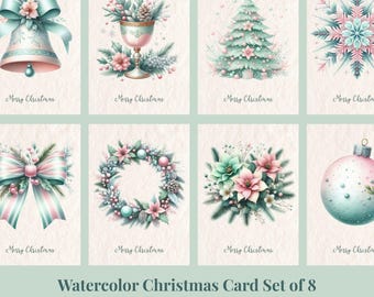 Aquarel kerstkaarten set van 8, luxe pastelkleurige kerstkaarten, roze en mintgroene noëlprints, digitale kunst wenskaartenpakket