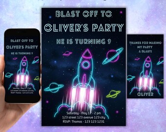 Neon Rocket Space-Geburtstagseinladungs-Set, Glow Space Party einladen, Blast Off Geburtstag digitale Einladung, Telefon einladen, Danke Favor Tag