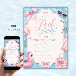 May include: A digital pool party invitation template featuring a pink and blue color scheme with illustrations of a flamingo float, heart-shaped sunglasses, a striped beach bag, and bows. The text reads: You're invited to a Pool Party! Emma Turns 8!